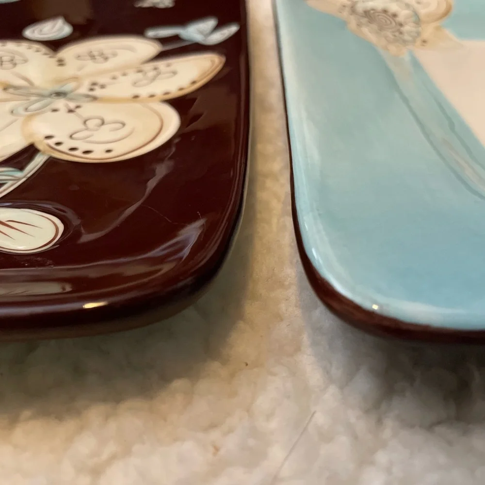 Pier 1 platter and dish set - brown and blue floral pattern 11x13 & 10x10 NWOT